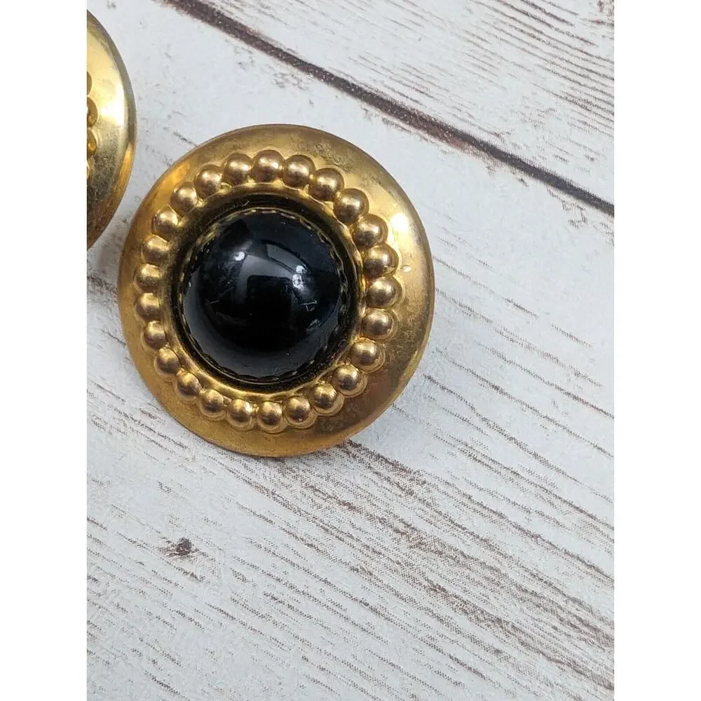 Vintage Clip On Earrings Large Black & Brassy Gold Tone Just Under 1